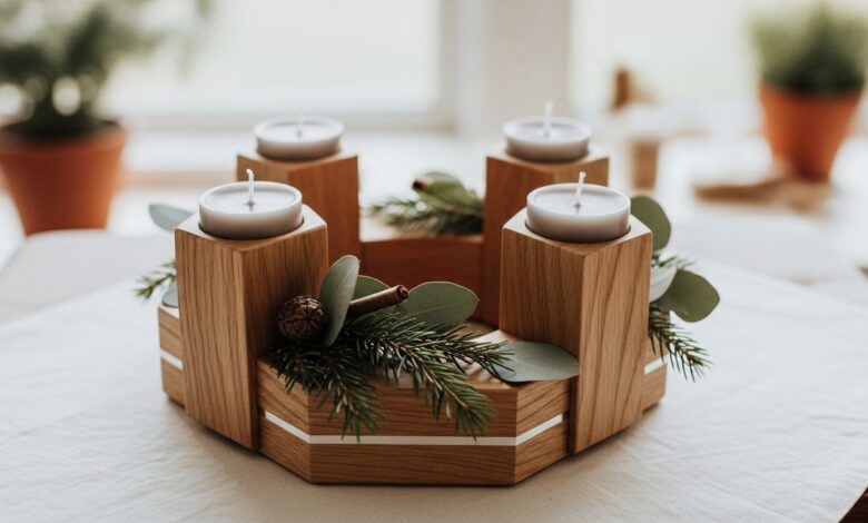 Moderner Adventskranz aus Holz