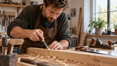 Handwerker bearbeitet Holz mit einem Stechbeitel an einer Werkbank [Bildinhalt mit KI erstellt]