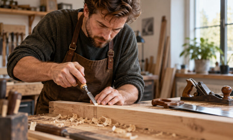 Handwerker bearbeitet Holz mit einem Stechbeitel an einer Werkbank [Bildinhalt mit KI erstellt]