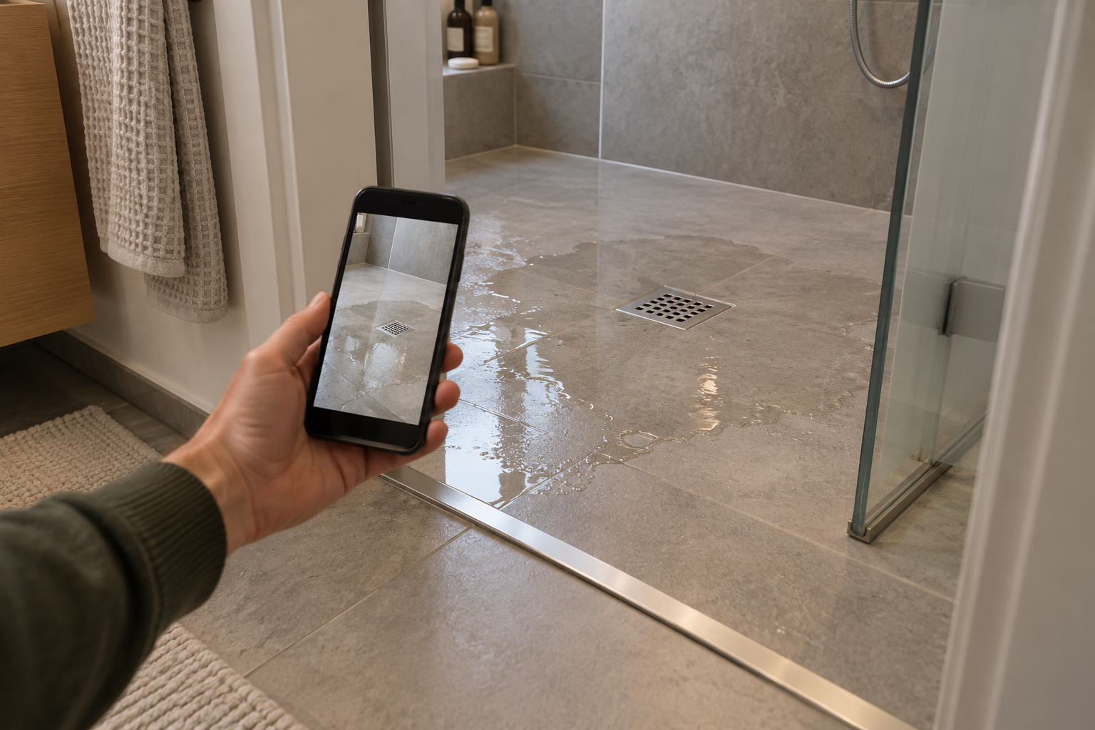 Eine Person dokumentiert stehendes Wasser in der Dusche vom trockenen Rand mit dem Smartphone [Bildinhalt mit KI erstellt]